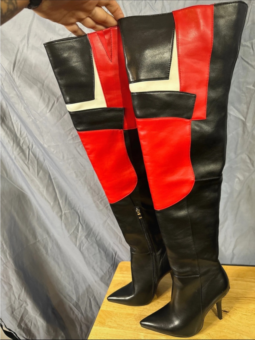 Black and Red Over-the-Knee Pointed-Toe Boots with Cream Accent